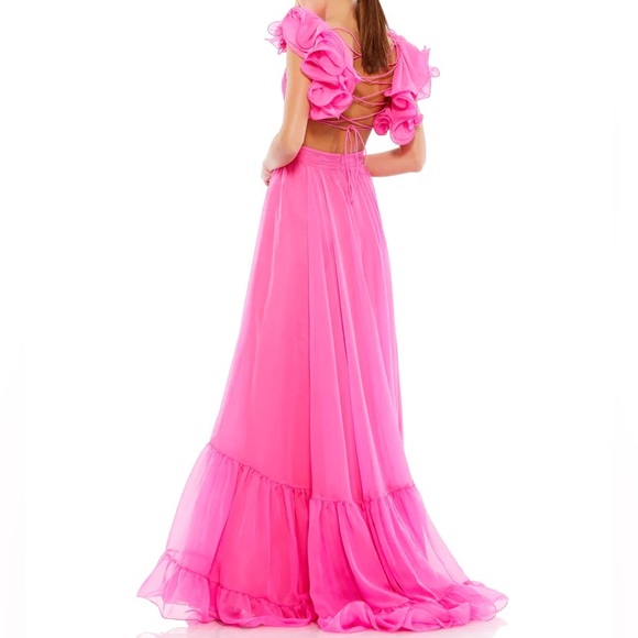 NWT Mac Duggal 67911 Hot Pink Ruffle Tied Cut-Out Chiffon Gown - Sz 10 - Picture 2 of 10